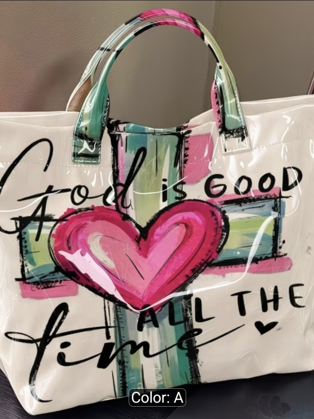 Women’s White Tote Bag with Pink Heart & Green Accent